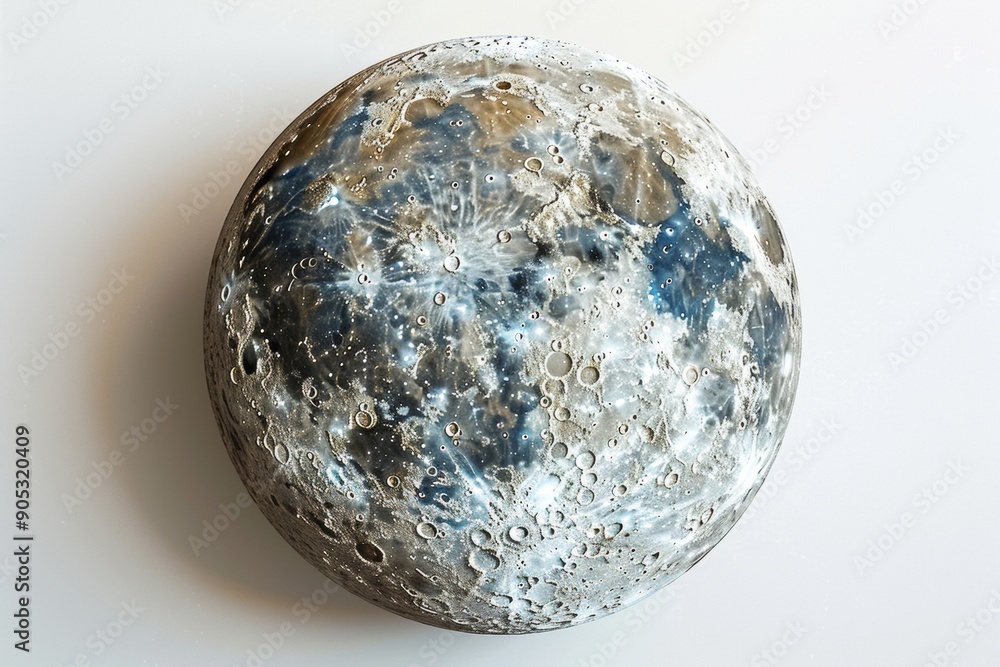 A close-up and detailed image of the moon rendered against a clean white backdrop with fine textures, shadows, and craters A close-up and detailed image of the moon rendered against a clean white backdrop with fine textures, shadows, and craters