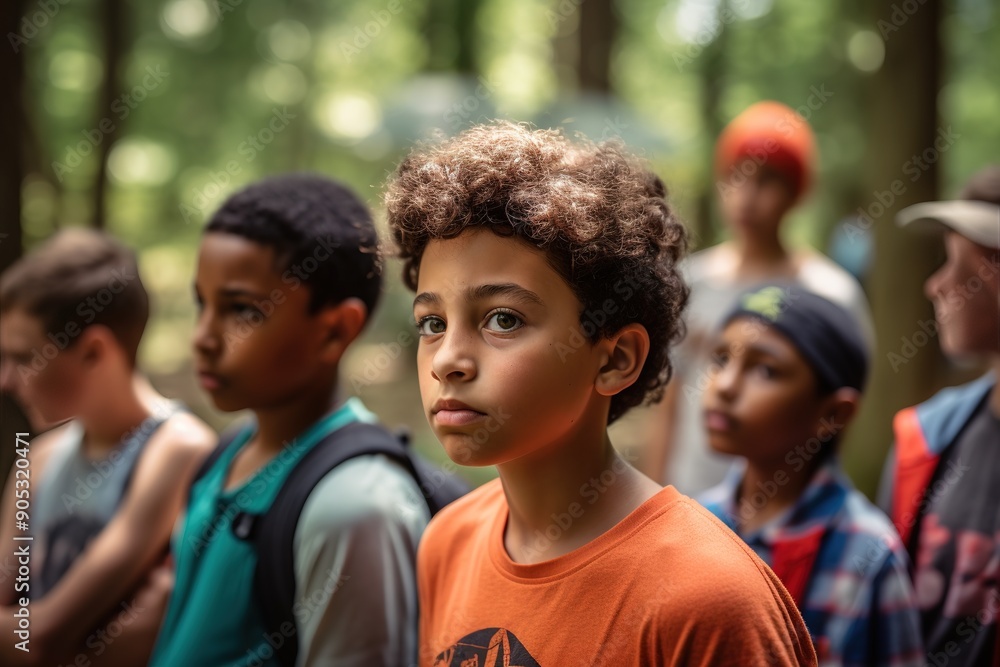 Little African American boy in forest on summer camp Little African American boy in forest on summer camp