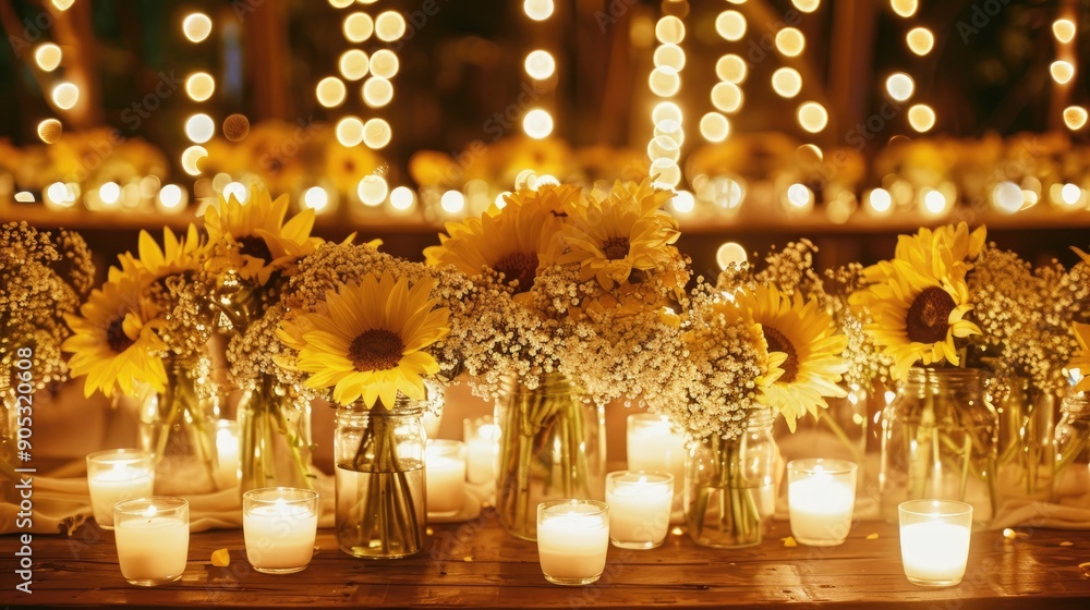 A rustic wooden table with yellow sunflowers A rustic wooden table with yellow sunflowers