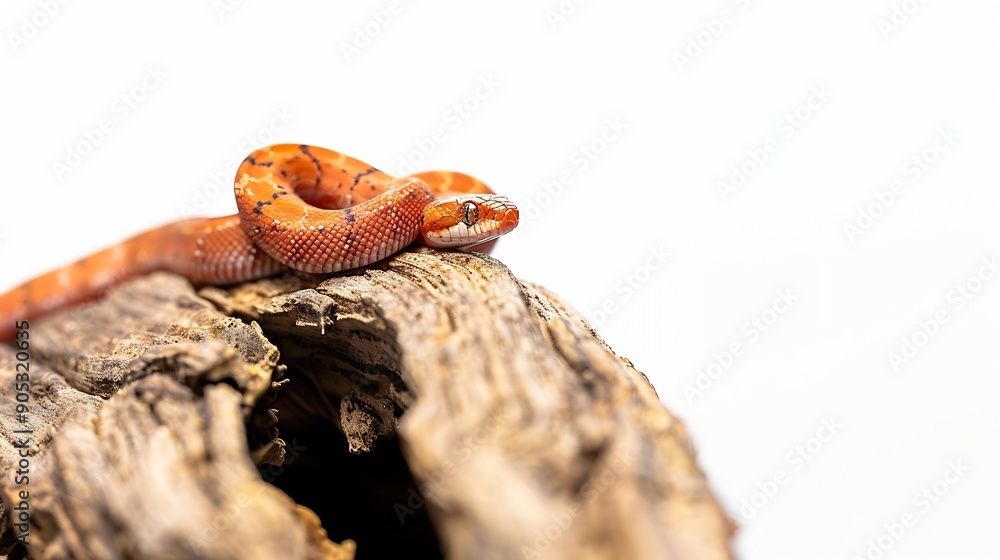 Fototapeta premium baby corn snake on wood isolated on white background baby red rat snake Pantherophis guttatus : Generative AI