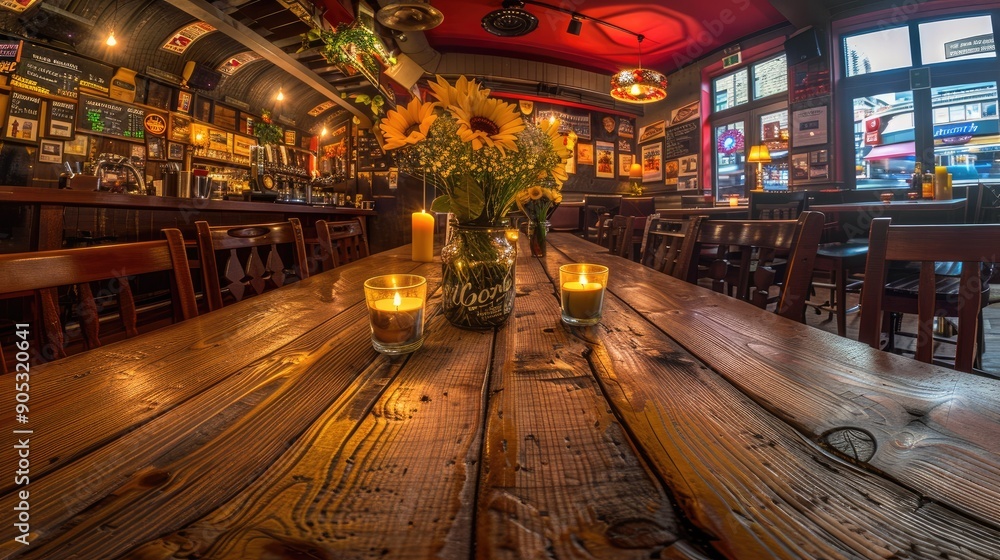 A rustic wooden table with yellow sunflowers A rustic wooden table with yellow sunflowers