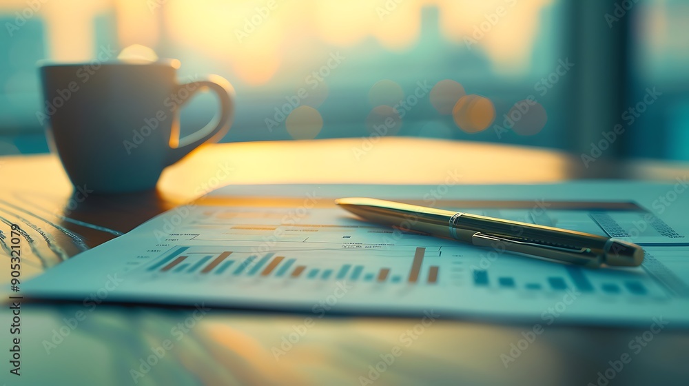Closeup of Business Report with Financial Charts and Pen in Warm Office Light Closeup of Business Report with Financial Charts and Pen in Warm Office Light