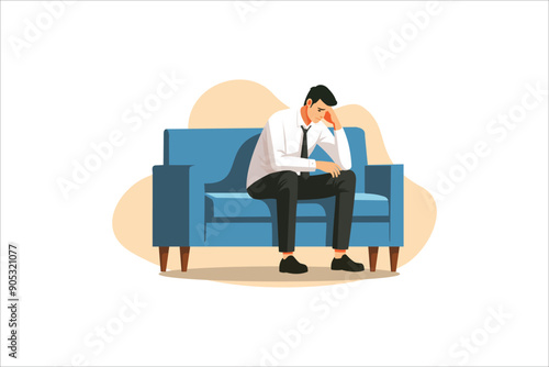 A man suffering from headache at workplace, having problems thinking about troubles. Stressed guy sitting on sofa in office. vector, illustration