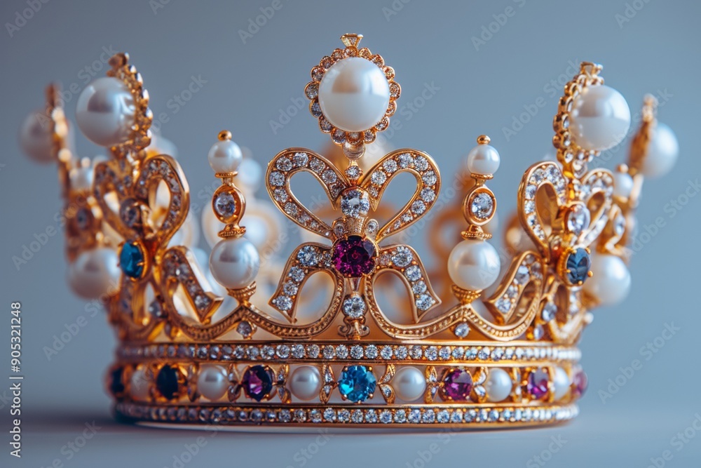 A close-up view of a royal crown positioned against a clean white backdrop adorned with precious gems and detailed engravings showcasing its luxurious and majestic appearance