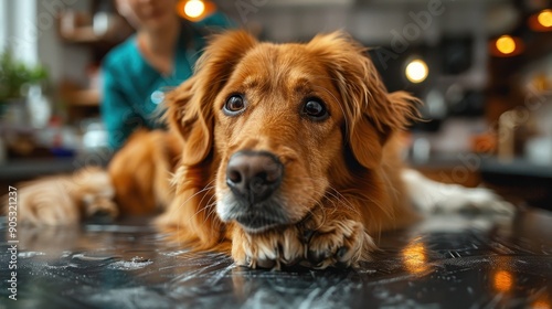 A golden retriever is seen lying down on a table, with a vet in the background providing care, highlighting the bond between pets and healthcare professionals.