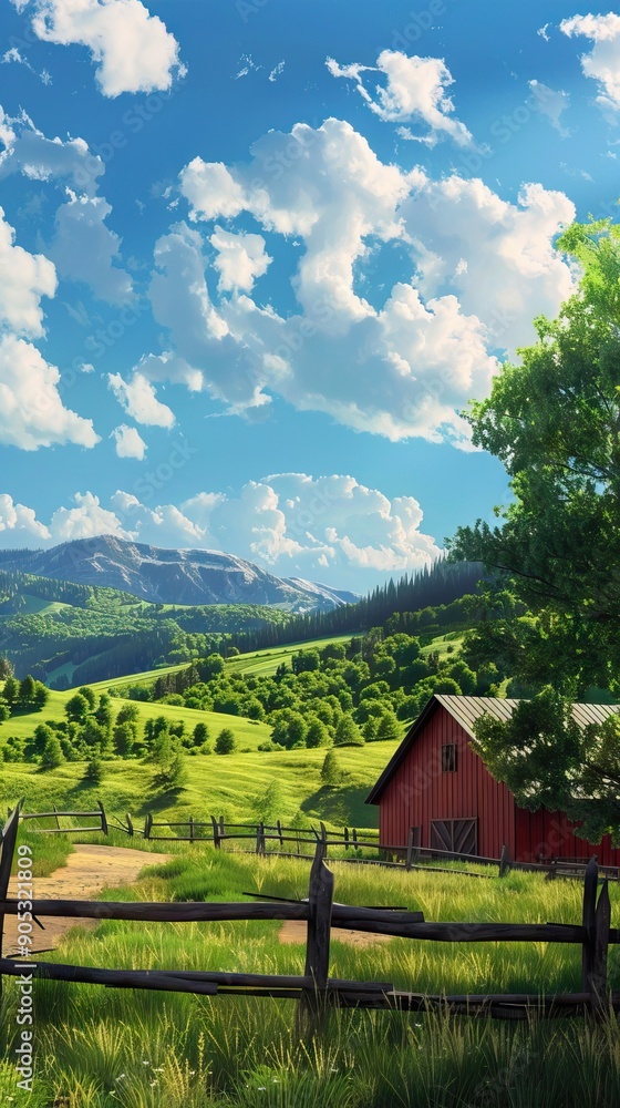 Peaceful Countryside Scene with a Red Barn. AI generated illustration Peaceful Countryside Scene with a Red Barn. AI generated illustration