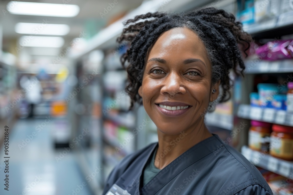 A smiling woman in a uniform stands confidently in a store aisle, with shelves stocked with various products around her, suggesting a positive and professional retail setting. A smiling woman in a uniform stands confidently in a store aisle, with shelves stocked with various products around her, suggesting a positive and professional retail setting.
