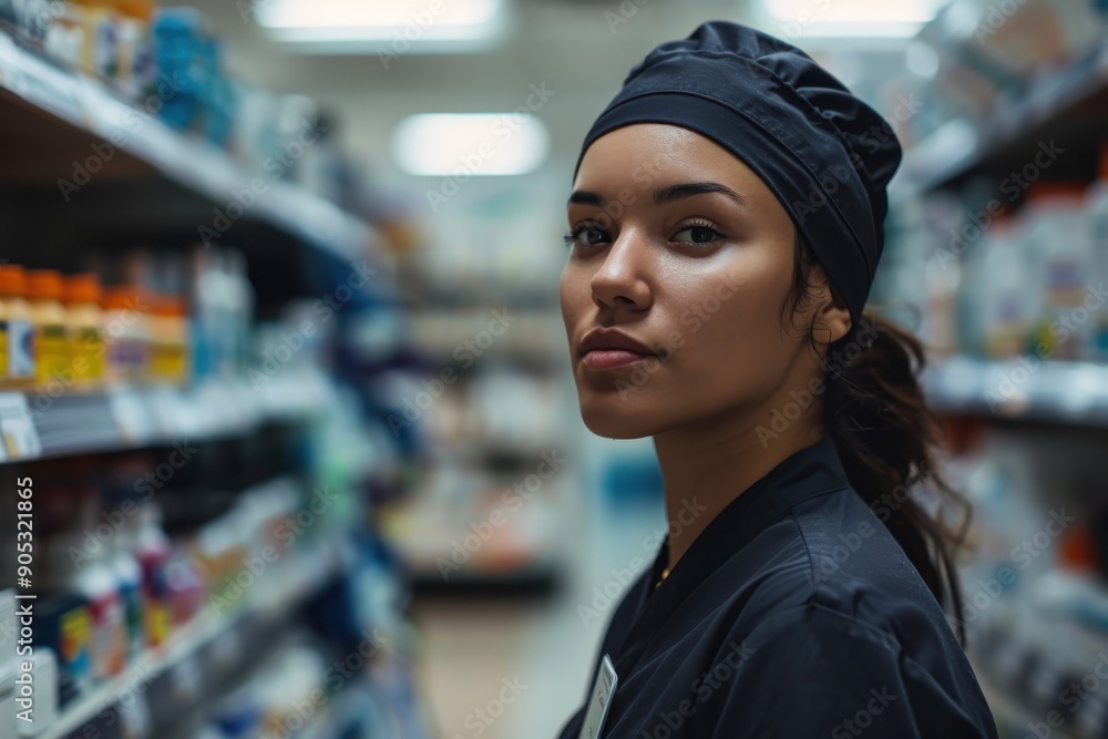 A serious-looking woman in a black uniform stands in a store aisle, surrounded by various products neatly arranged on shelves, indicating a professional retail environment. A serious-looking woman in a black uniform stands in a store aisle, surrounded by various products neatly arranged on shelves, indicating a professional retail environment.
