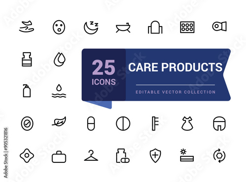 Care products minimal line icons set. Outline signs for skincare and health care products. Simple editable vector stroke illustration.