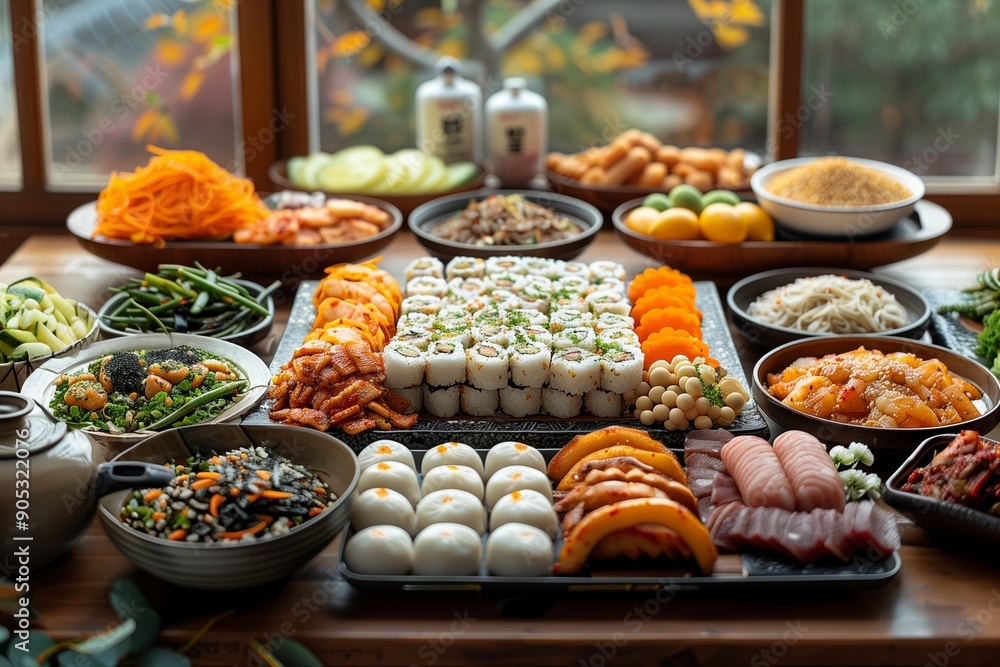 Delicious Korean Feast With Assorted Sushi, Fresh Vegetables, and Seasonal Fruits Displayed in a Cozy Dining Area Delicious Korean Feast With Assorted Sushi, Fresh Vegetables, and Seasonal Fruits Displayed in a Cozy Dining Area
