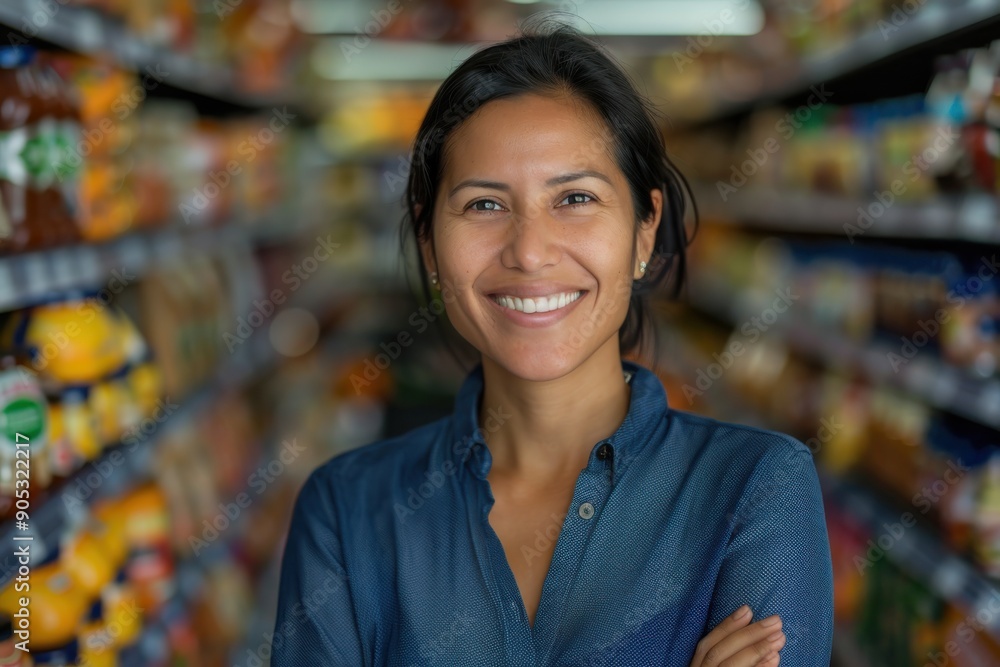 Woman wearing a blue shirt, smiling confidently with arms crossed, standing in the middle of a colorful store aisle filled with various products on the shelves. Woman wearing a blue shirt, smiling confidently with arms crossed, standing in the middle of a colorful store aisle filled with various products on the shelves.