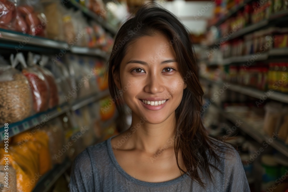 A young woman smiles warmly in a market aisle filled with packaged goods, capturing the essence of a welcoming and friendly retail environment, with shelves full of products. A young woman smiles warmly in a market aisle filled with packaged goods, capturing the essence of a welcoming and friendly retail environment, with shelves full of products.