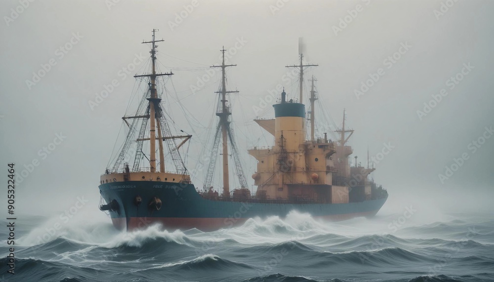 Fototapeta premium A cargo ship struggling through dense fog and towering waves in the early morning, with visibility near zero and the eerie sound of foghorns echoing. 