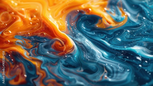 The image features engaging swirls of orange and blue fluid with vibrant liquid dynamics, ideal for conveying energy and movement, suitable for artistic displays and advertisements. photo