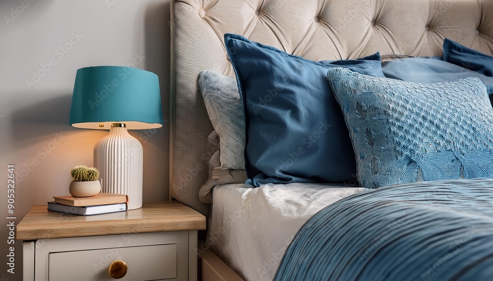 Close-Up of Blue Ceramic Lamp on Nightstand with Beige Headboard and Blue Bedding: French Country, Provence Bedroom Design Close-Up of Blue Ceramic Lamp on Nightstand with Beige Headboard and Blue Bedding: French Country, Provence Bedroom Design
