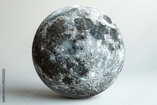 A digitally rendered realistic moon displayed on a pristine white backdrop exhibiting fine details such as craters and surface textures with subtle shading to enhance its lifelike appearance photo