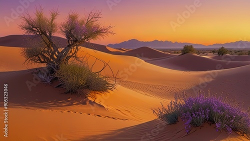 Sunset over the sand dunes in the desert background