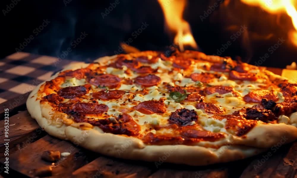 Yummy fire-baked pizza, hot from the oven, served on a wooden board and table Yummy fire-baked pizza, hot from the oven, served on a wooden board and table