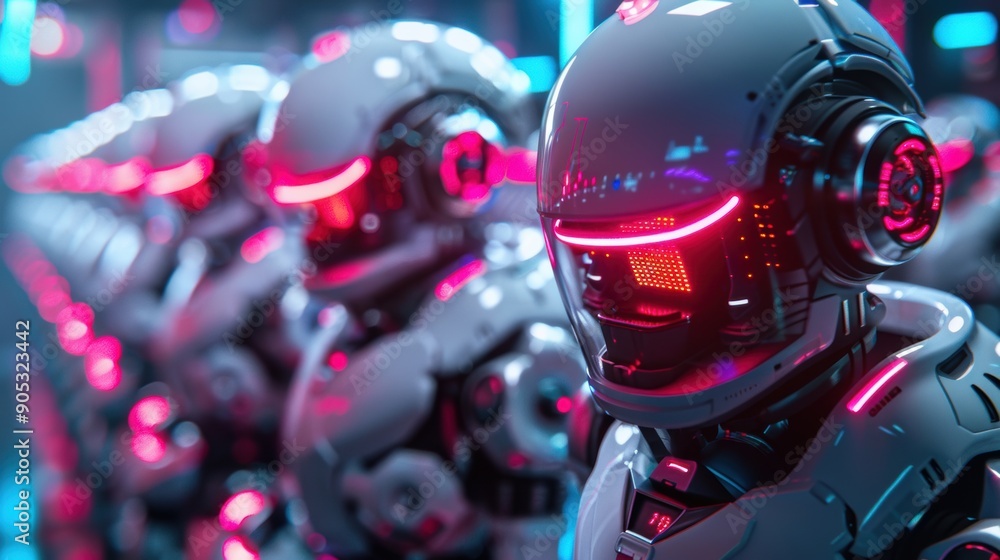 A group of robots with glowing red eyes and neon lights on their helmets A group of robots with glowing red eyes and neon lights on their helmets