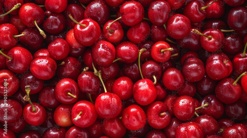 A close-up background of fresh red cherries, showing their natural shine and rich color. The abundance of ripe cherries creates a delicious and eye-catching backdrop. A close-up background of fresh red cherries, showing their natural shine and rich color. The abundance of ripe cherries creates a delicious and eye-catching backdrop.