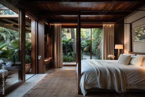 A cozy bedroom featuring a four-poster bed and rich wood elements, with large glass doors opening to a lush garden, blending comfort and natural beauty seamlessly.