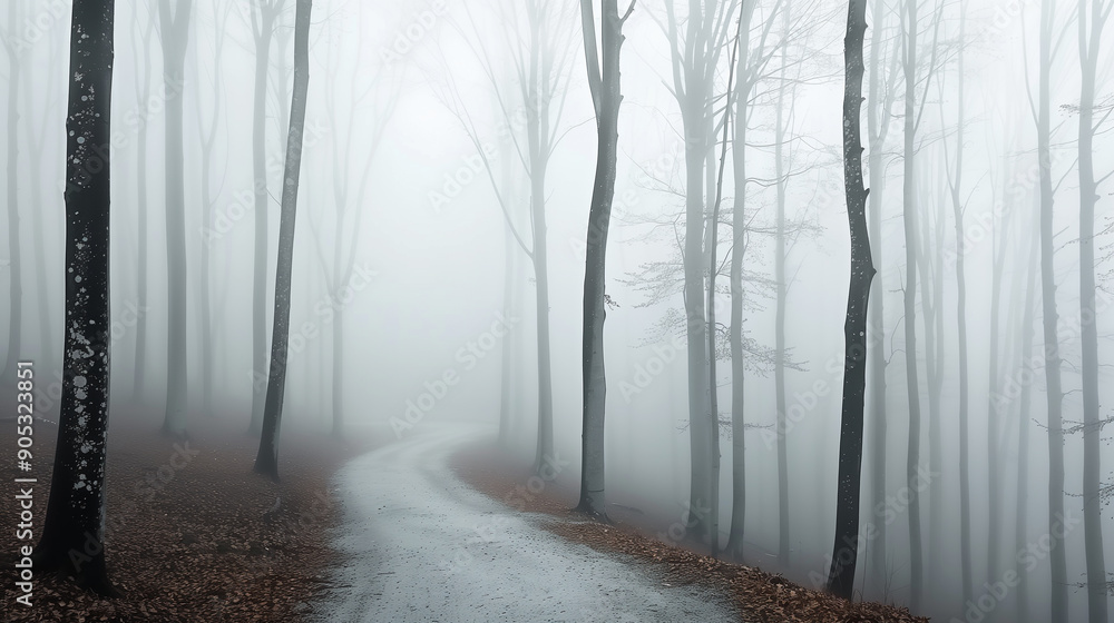 Naklejka premium Eerie mist rolling through a dense forest, creating a haunting and mysterious atmosphere perfect for a Halloween setting.