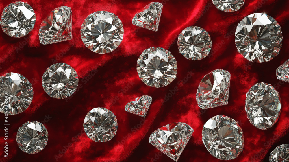 A diamond background showcasing a luxurious texture of large diamonds set against a red velvet background. The opulent combination creates a striking visual. A diamond background showcasing a luxurious texture of large diamonds set against a red velvet background. The opulent combination creates a striking visual.