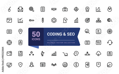 Coding and SEO outline web and ui icons set. Thin line web icon collection. Minimalist thin linear web ui icon set. Simple editable vector stroke illustration.