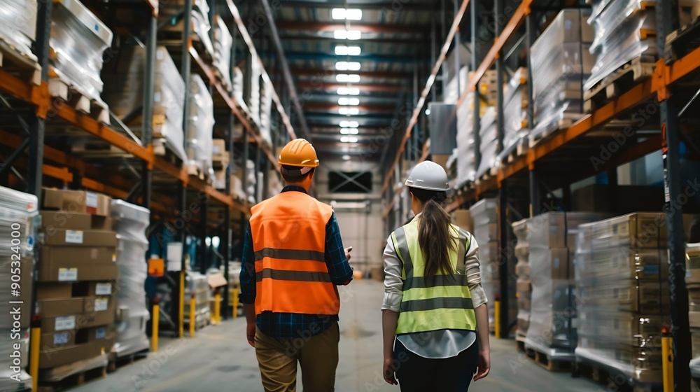 Rear view on Manager and staff talking discussing while walking in warehouse caucasian people in factory with safety helmet vest Concept for industry job meeting work training and team : Generative AI Rear view on Manager and staff talking discussing while walking in warehouse caucasian people in factory with safety helmet vest Concept for industry job meeting work training and team : Generative AI