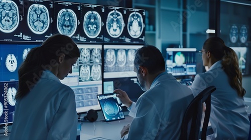 A group of medical professionals reviewing and analyzing detailed brain scans displayed on digital screens and tablets highlighting advanced AI medical imaging technology : Generative AI