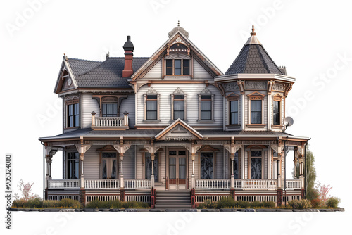 Wallpaper Mural Victorian house with a wraparound porch and ornate trim, displaying elegant architecture and historical charm in a serene setting, on white background. Torontodigital.ca