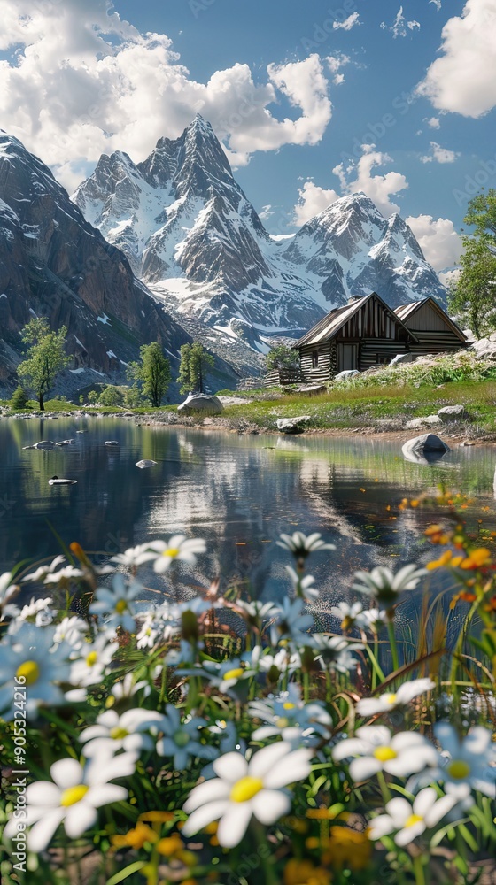 Fototapeta premium Tranquil Lake Reflecting the Surrounding Forest. AI generated illustration