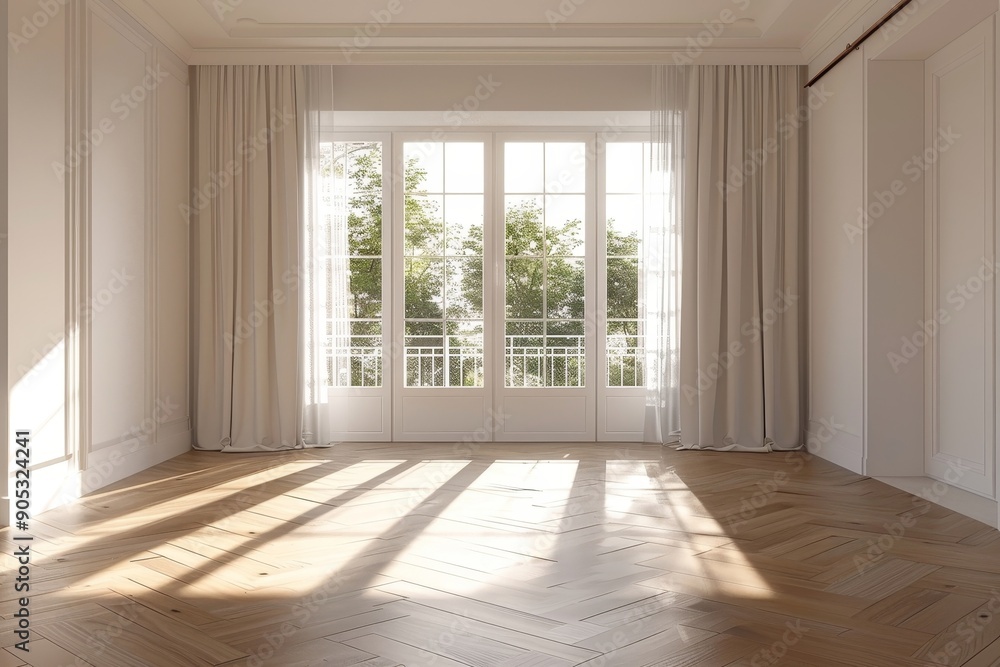 Fototapeta premium 3d rendering of an empty living room with sunlight shine through a sliding door, wooden floor, white wall. Renovate, New house, Home loan, Property, Background, Mockup, Backdrop, Generative AI