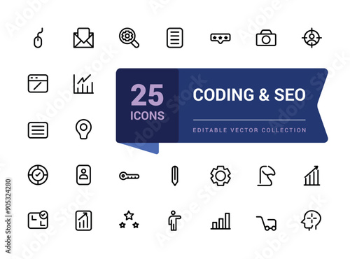 Coding and SEO outline web and ui icons set. Thin line web icon collection. Minimalist thin linear web ui icon set. Simple editable vector stroke illustration.