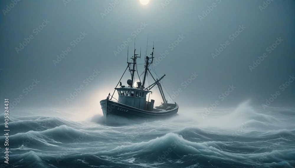 Obraz premium A lone fishing boat braving a foggy, freezing night at sea, surrounded by towering waves and icy mist as it fights against the elements. 
