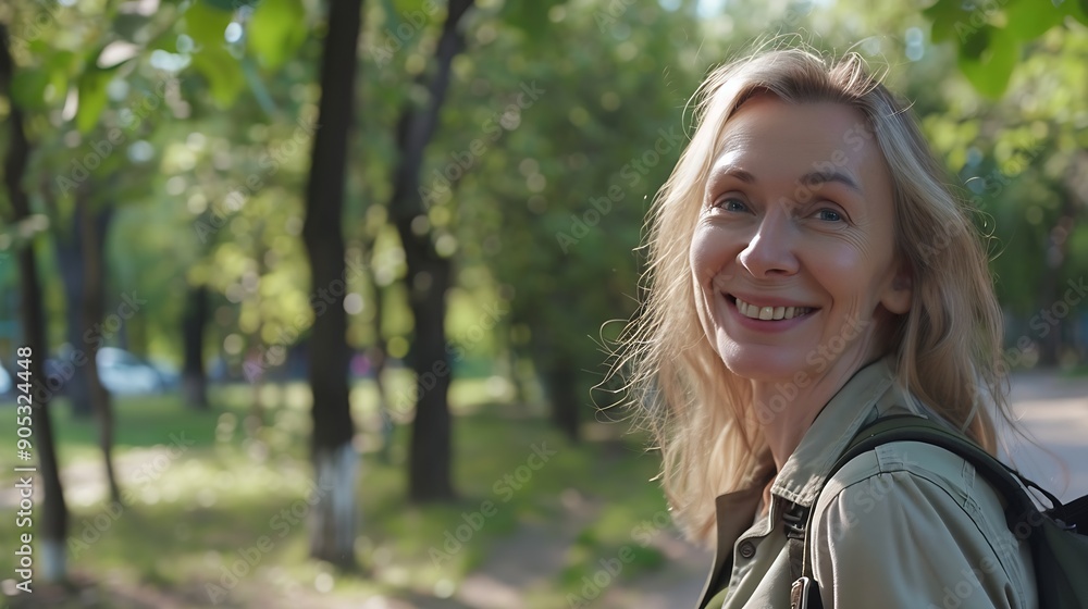 Smiling cheerful beautiful blonde caucasian mature woman looking at the camera while walking in city public forest wood park : Generative AI Smiling cheerful beautiful blonde caucasian mature woman looking at the camera while walking in city public forest wood park : Generative AI
