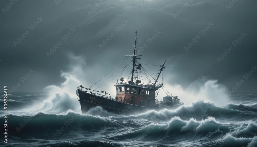 A lone fishing boat braving a foggy, freezing night at sea, surrounded by towering waves and icy mist as it fights against the elements.
A lone fishing boat braving a foggy, freezing night at sea, surrounded by towering waves and icy mist as it fights against the elements.