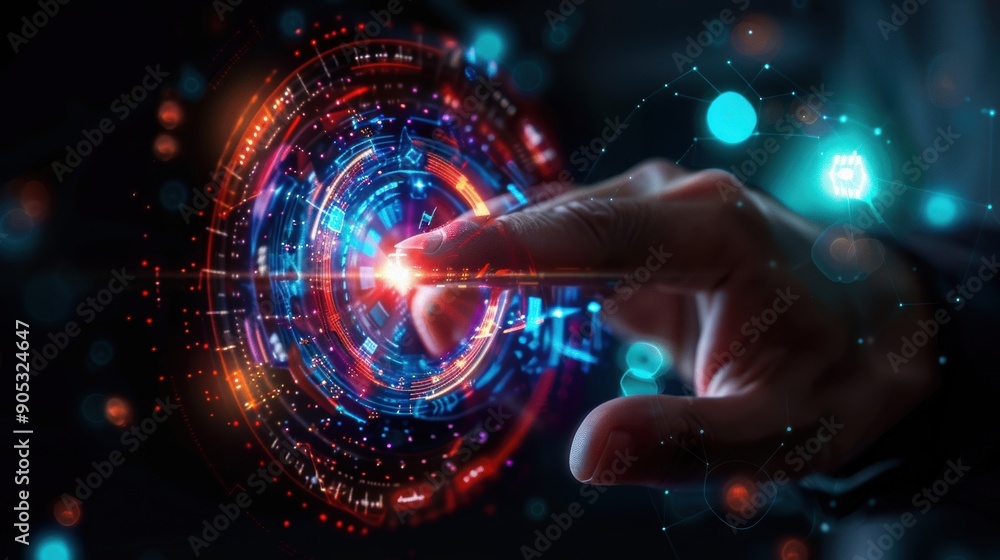A hand is pointing at a glowing circle with a red dot in the center A hand is pointing at a glowing circle with a red dot in the center