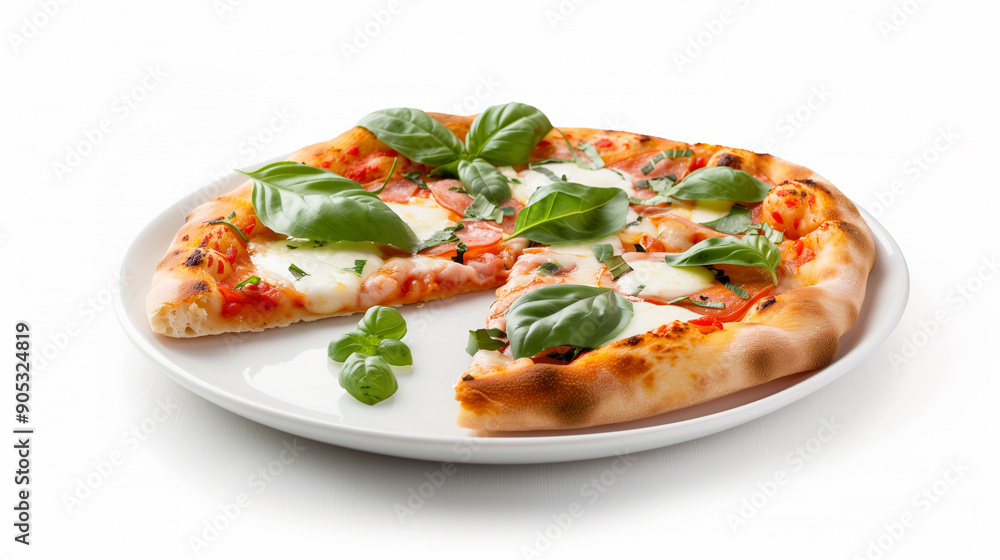 A plate of Margherita pizza with fresh basil leaves, melted mozzarella, and tomato sauce on a white background, highlighting its freshness and classic Italian flavor. A plate of Margherita pizza with fresh basil leaves, melted mozzarella, and tomato sauce on a white background, highlighting its freshness and classic Italian flavor.