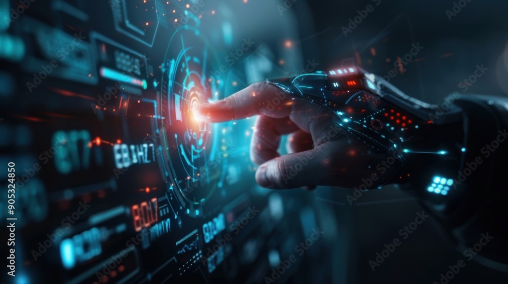 A hand is pointing at a glowing blue circle on a computer screen A hand is pointing at a glowing blue circle on a computer screen