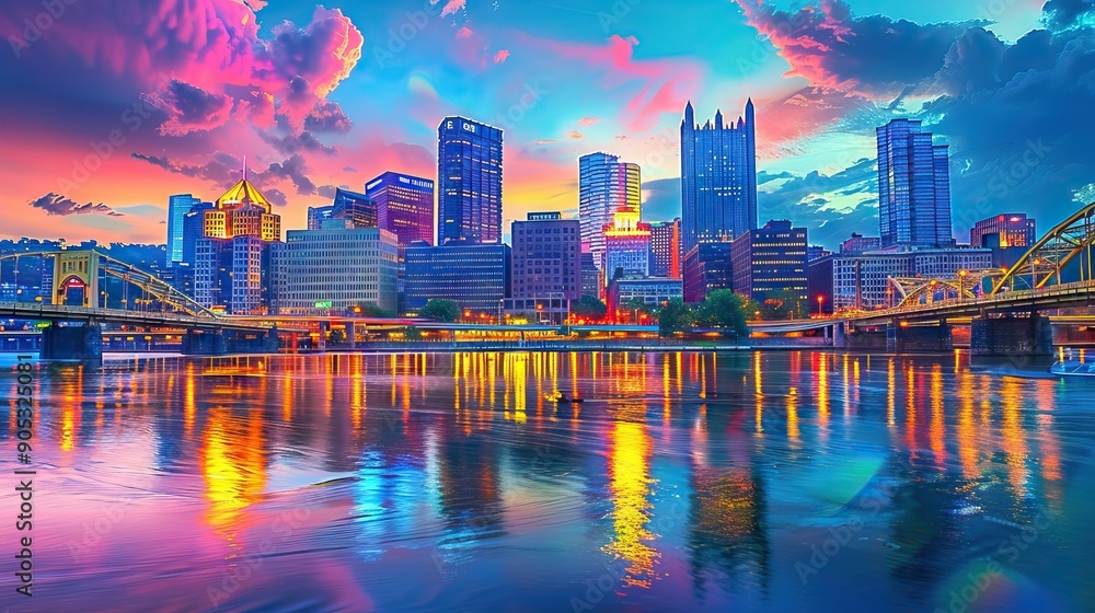 Obraz premium Vibrant City Skyline at Dusk with Illuminated Buildings and Reflections in the River. AI generated illustration