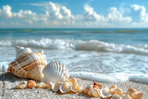 a sea shell on the beach with a wave coming in