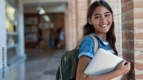 Beautiful latin teen girl carrying a laptop to junior high school looking happy showing her laptop while doing homework : Generative AI