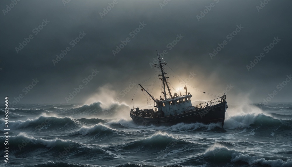 A lone fishing boat braving a foggy, freezing night at sea, surrounded by towering waves and icy mist as it fights against the elements.
A lone fishing boat braving a foggy, freezing night at sea, surrounded by towering waves and icy mist as it fights against the elements.