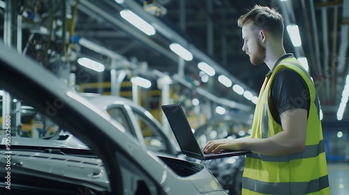 Car Factory Engineer in High Visibility Vest Using Laptop Computer Automotive Industrial Manufacturing Facility Working on Vehicle Production with Robotic Arms Technology Automated Ass : Generative AI