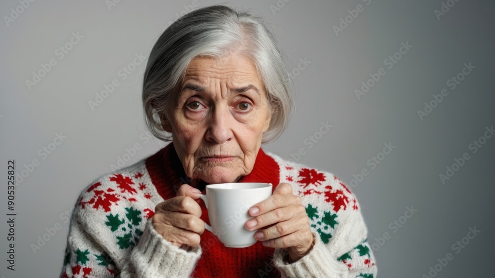 Lonely elderly woman in christmas sweater holding mug and looking sad on white background Lonely elderly woman in christmas sweater holding mug and looking sad on white background
