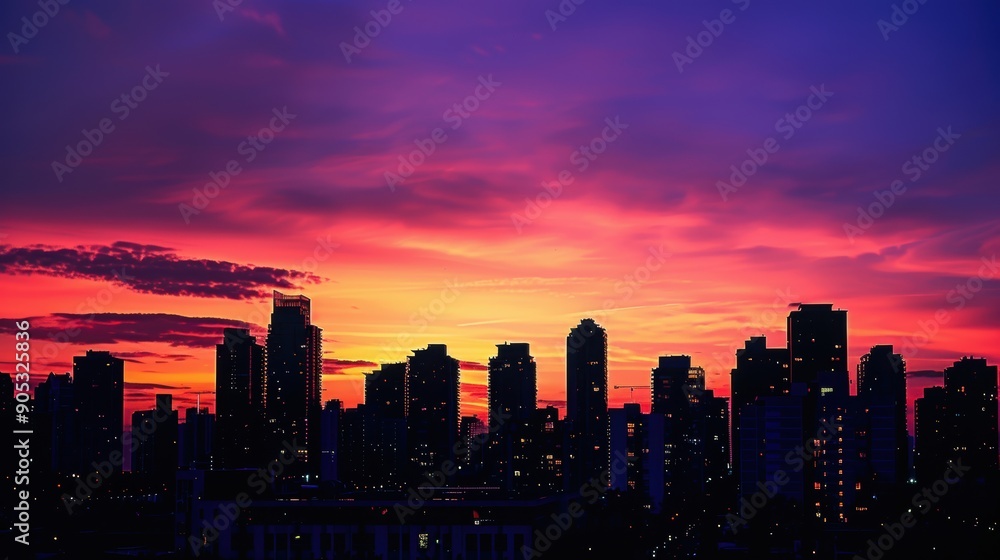 Fototapeta premium Serene Cityscape Silhouette at Sunset - Urban Skyline in Twilight Glow
