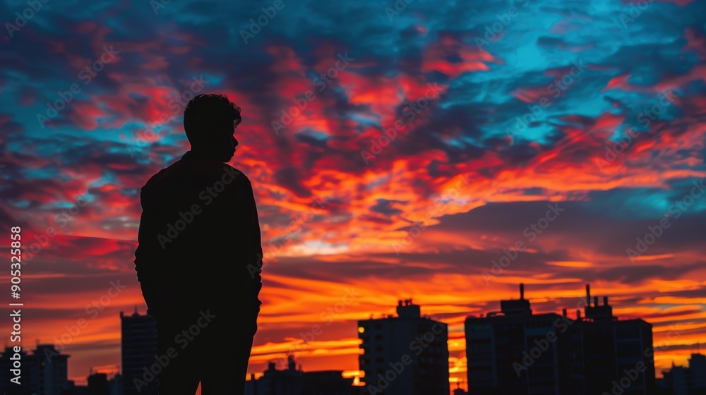 Serene Urban Silhouette Against Vibrant Sky at Sunset Serene Urban Silhouette Against Vibrant Sky at Sunset