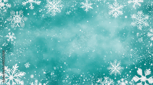 Snow-covered teal background with delicate white snowflakes, creating a refreshing Christmas winter design. The teal hue adds a unique, festive touch.