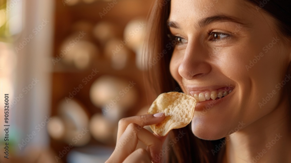Joyful Woman Savoring Fresh Bread in Rustic Kitchen Setting Joyful Woman Savoring Fresh Bread in Rustic Kitchen Setting
